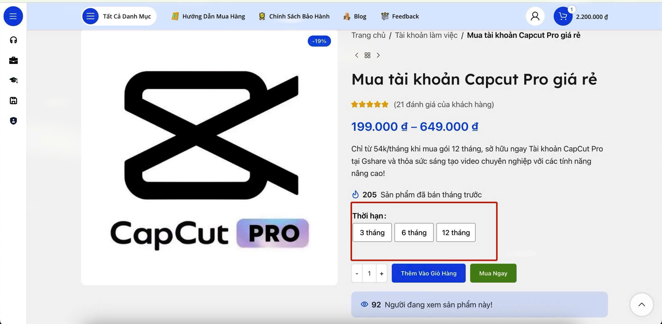 chọn gói mua capcut pro