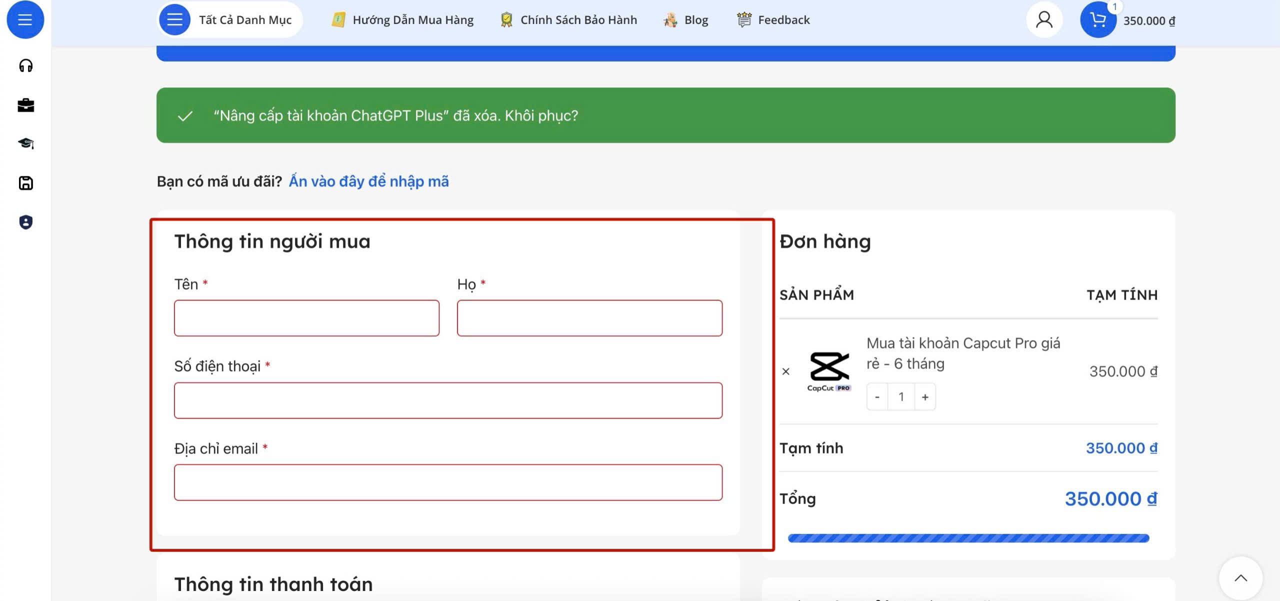 điền thông tin thanh toán để mua capcut pro