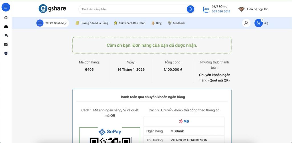 hoàn tất thanh toán tại Gshare