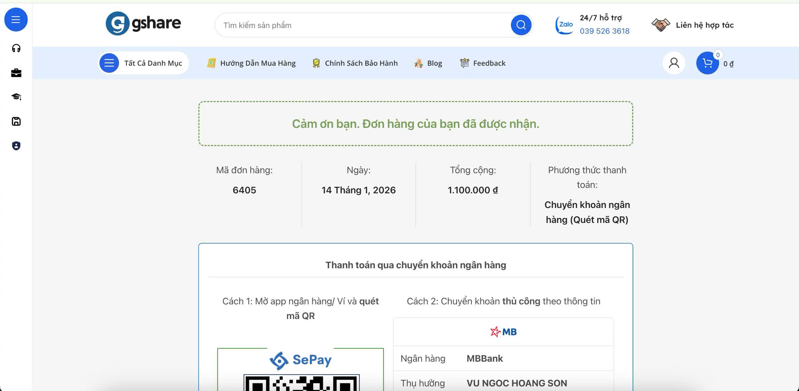 hoàn tất thanh toán tại Gshare